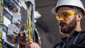 male electrician works switchboard with electrical connecting cables male electrician works switchboard with electrical connecting cables