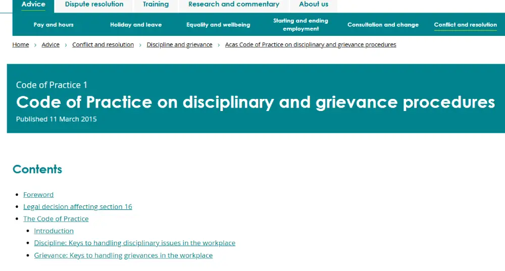acas Code of Practice on disciplinary and grievance procedures