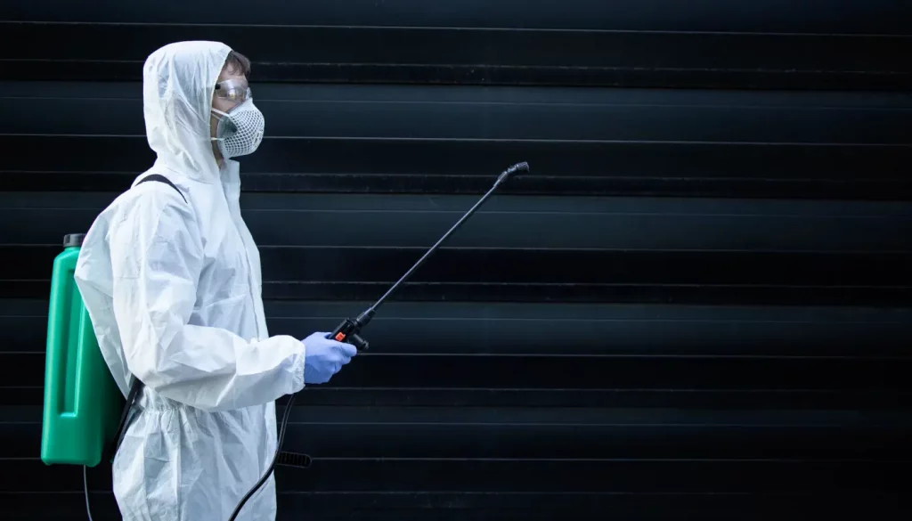 person white chemical protection suit holding sprayer with disinfectant chemicals stop spreading highly contagious virus