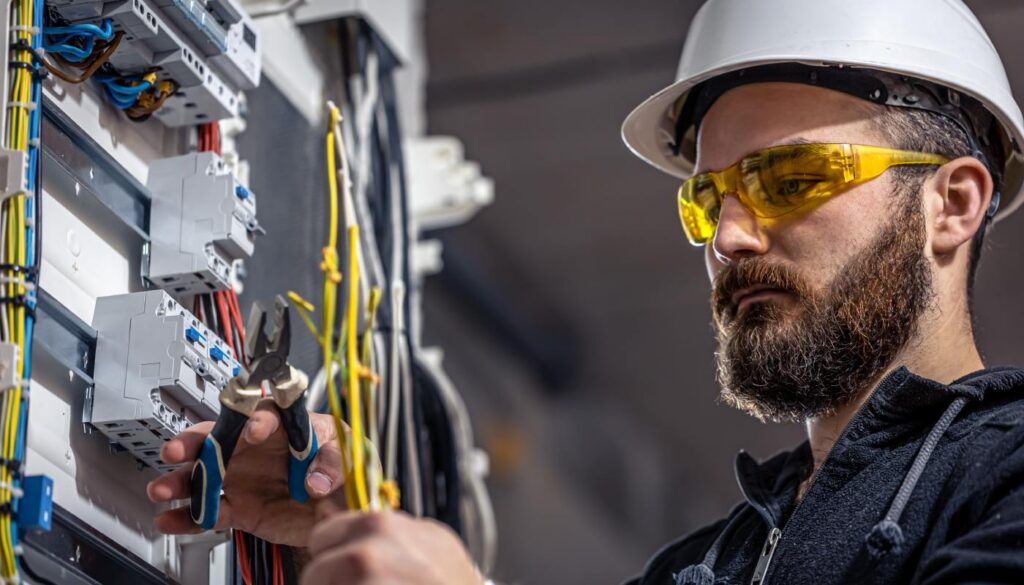 male electrician works switchboard with electrical connecting cables