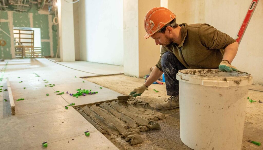 construction worker laying tiles
